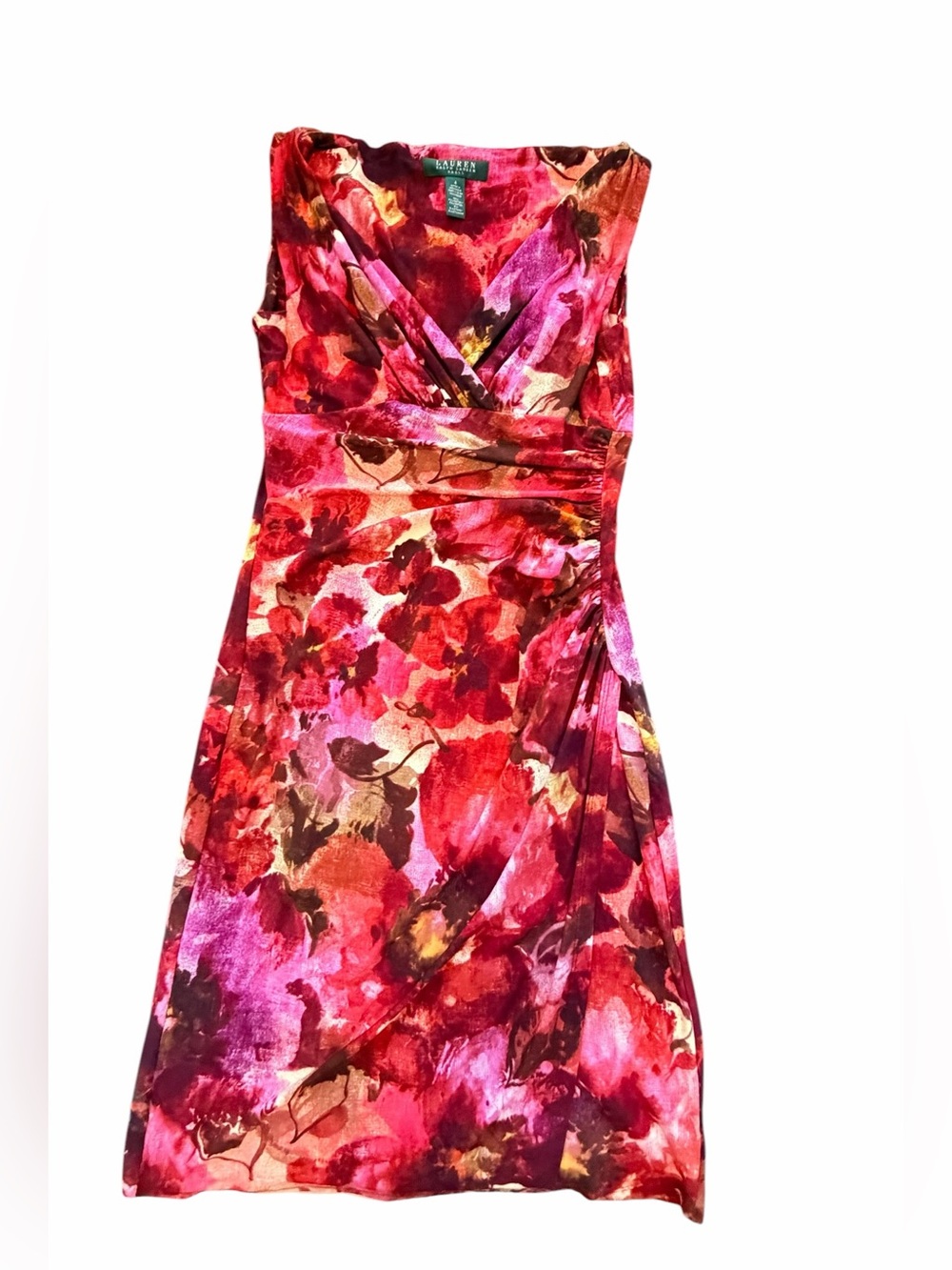 Lauren Ralph Lauren Red Pink Floral Wrap Midi Dress (008)